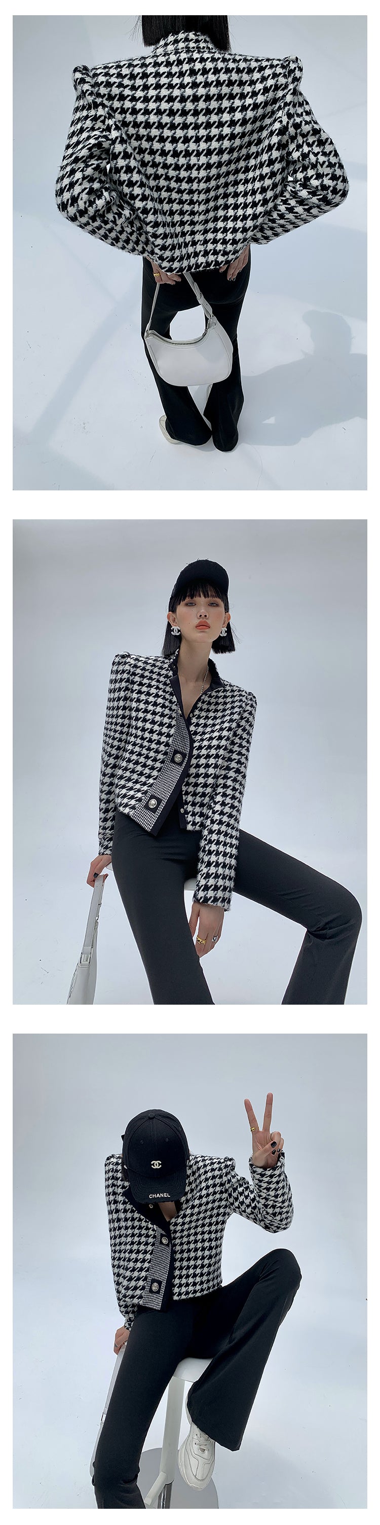 High end stand collar woolen classic houndstooth top coat jacket blazer - Setti