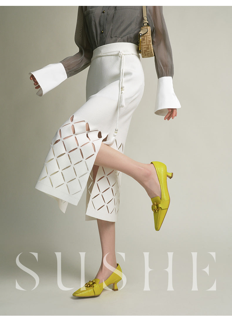 High end coconut cream white cut out knitted pencil Spring white skirt - Lalu