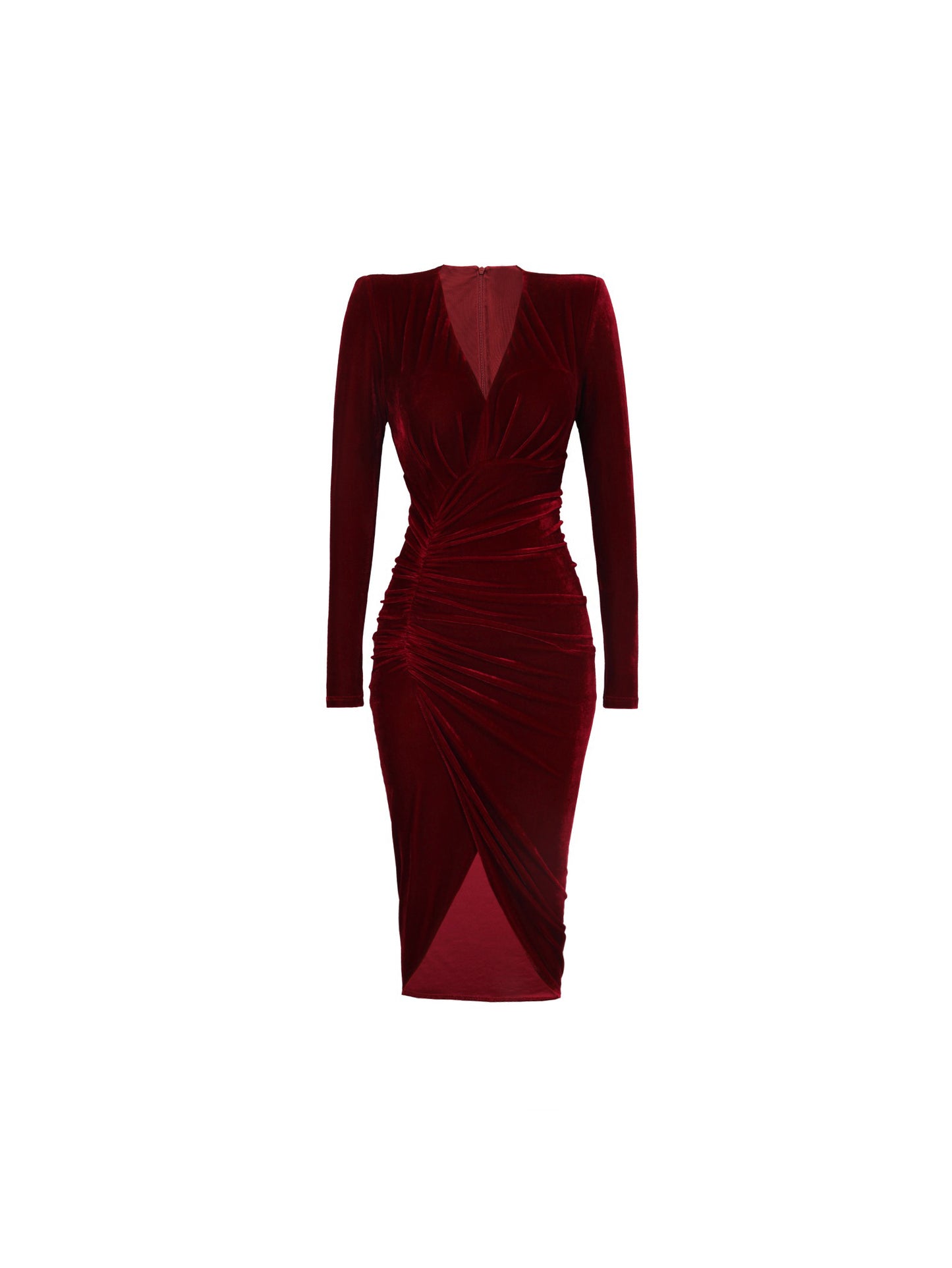 Retro wine red V-neck pleated slit dress red velvet annual meeting dress skirt- Rose