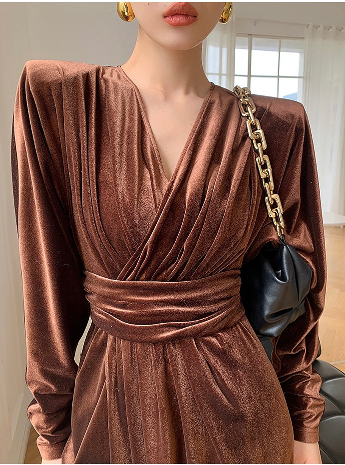 Brown WANXO French red pleated velvet dress new gold-like waist bottoming skirt- Winny