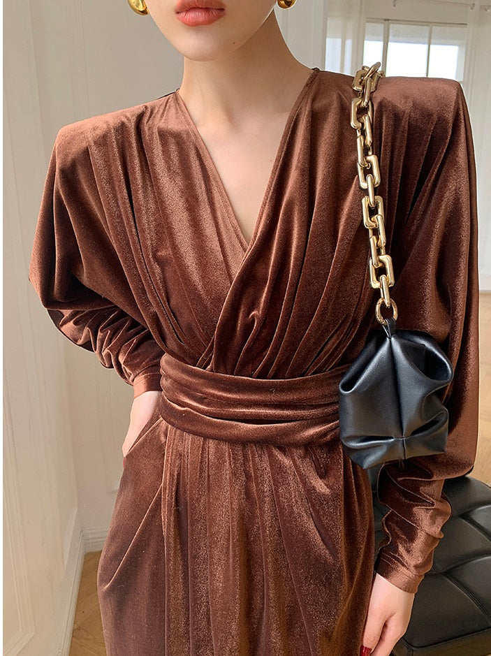 Brown WANXO French red pleated velvet dress new gold-like waist bottoming skirt- Winny
