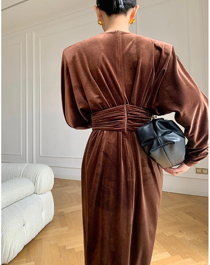 Brown WANXO French red pleated velvet dress new gold-like waist bottoming skirt- Winny