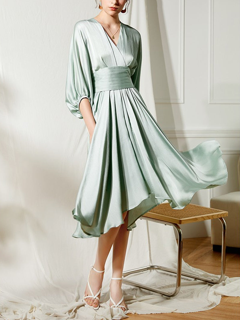 Elegant early spring textured sleeve girdle dress- Mili