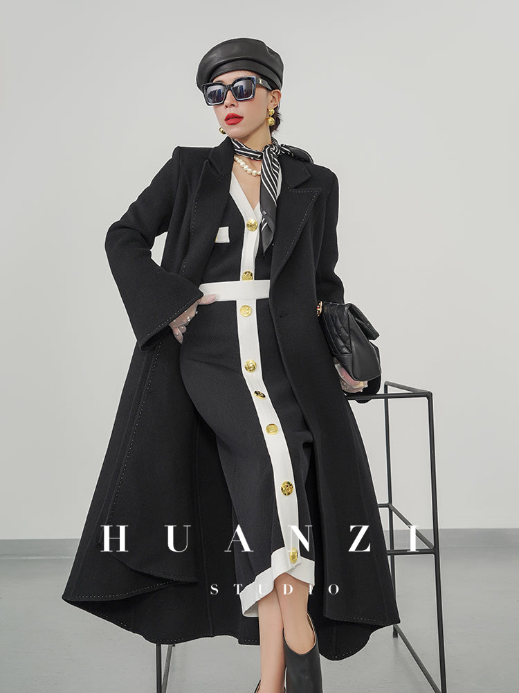 Huanzi custom double-sided cashmere coat women's black woolen coat fishtail slim fit and thin- Baty