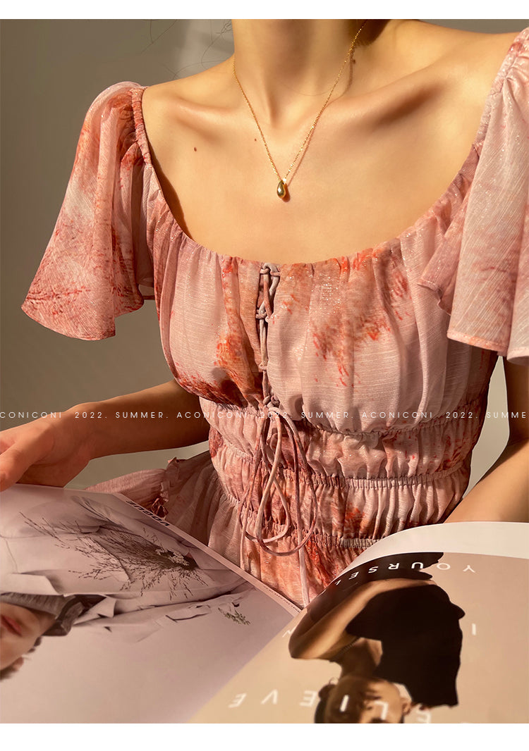 Aconiconi|Fireworks French Print High end Design flowy floral Dress - Atami