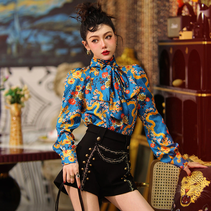 High waist velvet wide-leg shorts plus bow long sleeve top two piece set- Leticia