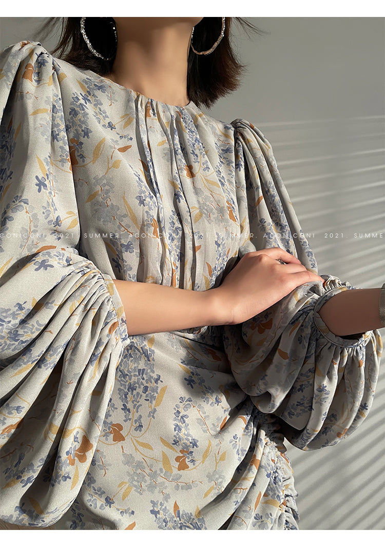 Aconiconi|high-end French tea floral printed elegant lantern sleeve midi dress - Nila