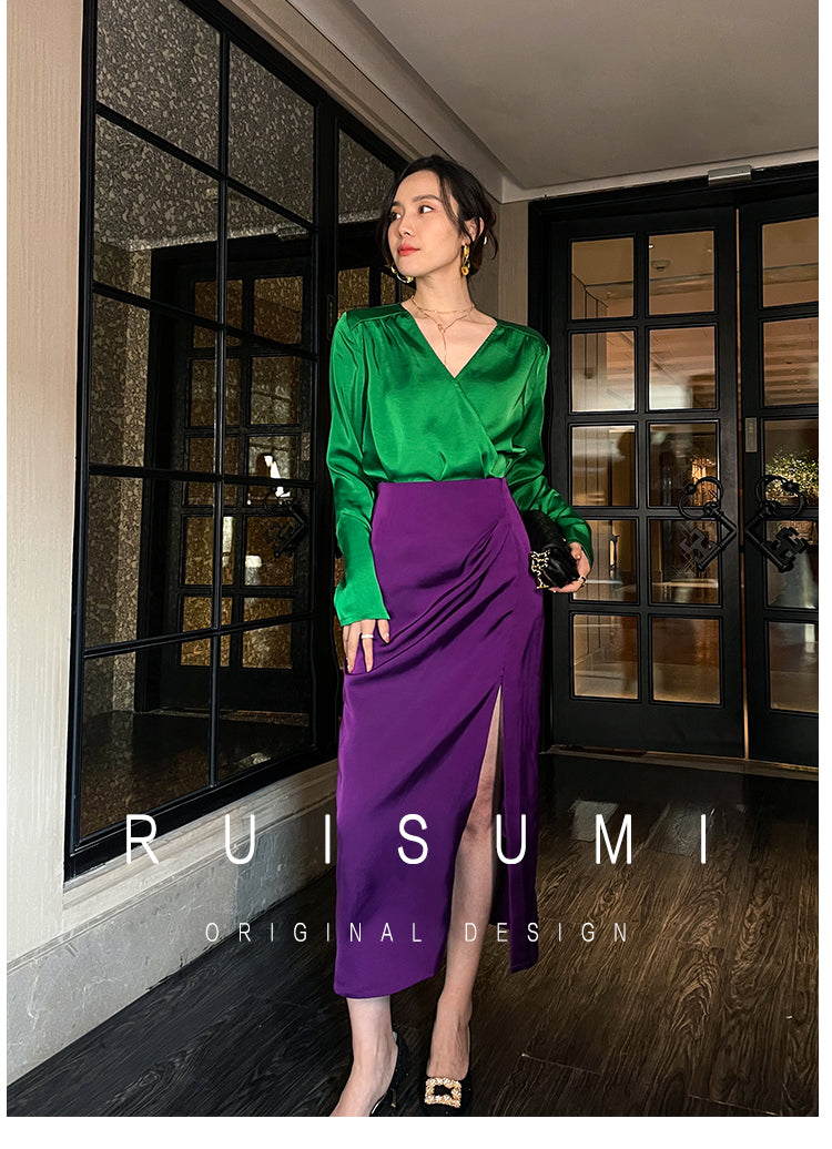 Retro jewel green V-neck shirt top + pencil slit pleated purple skirt suit set - Natu
