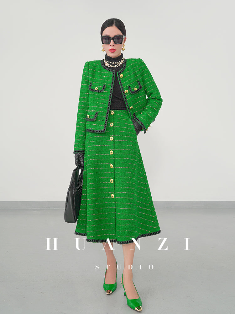 Huanzi tweed wool small suit autumn and winter new green short coat suit set- Lilibeth