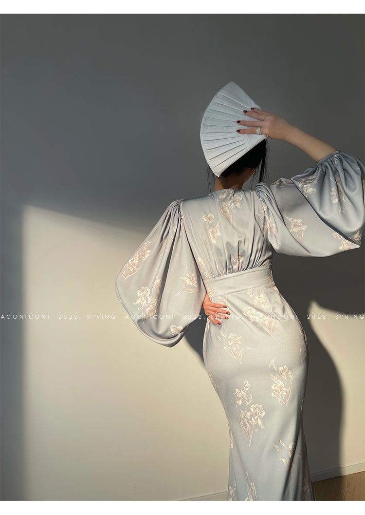 Aconiconi|kite white French elegant v-neck mid-length fishtail dress -Qingshan