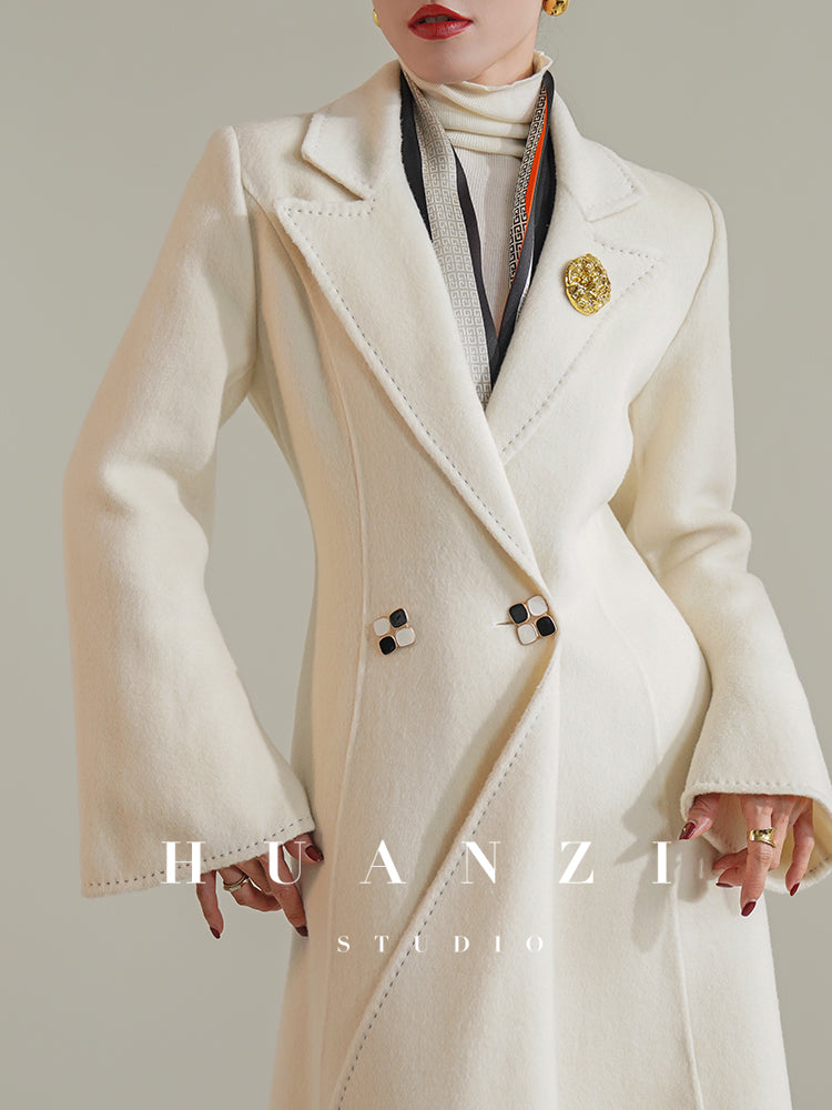 Huanzi custom double-sided cashmere coat women's black woolen coat fishtail slim fit and thin- Baty