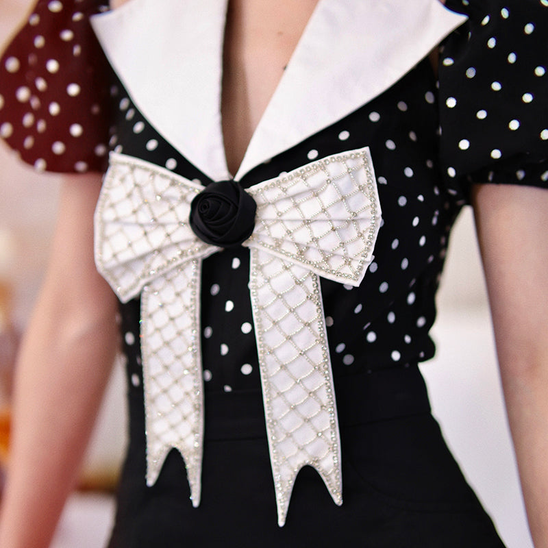 Retro Hepburn inspired black high waist pleated skirt puff sleeves chiffon top two piece suit set- Chia