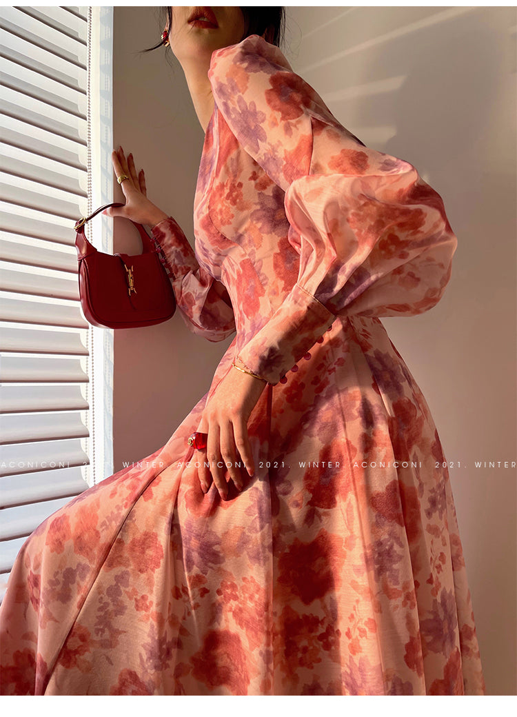 Aconiconi|Romantic French print luxury handmade haute couture beaded v-neck midi dress - Pilore
