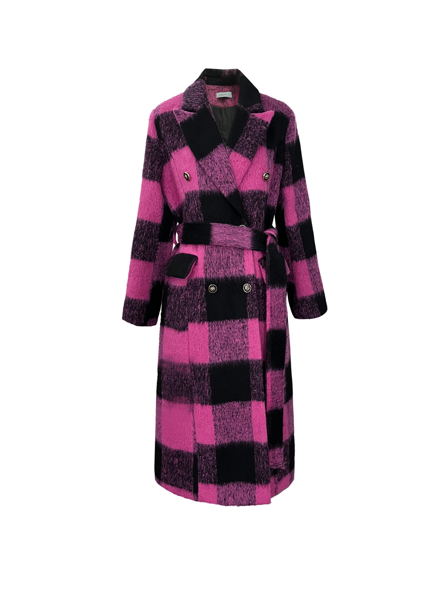 Winter New Design Sense Contrasting Pink Black Plaid Retro Wool Coat Double-breasted Long Coat- Cochela