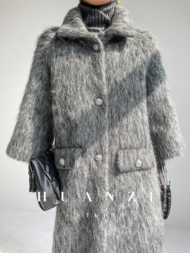 Huanzi custom high-luxury retro French medieval style mid-length mohair woolen coat suit jacket -Waeo Blue
