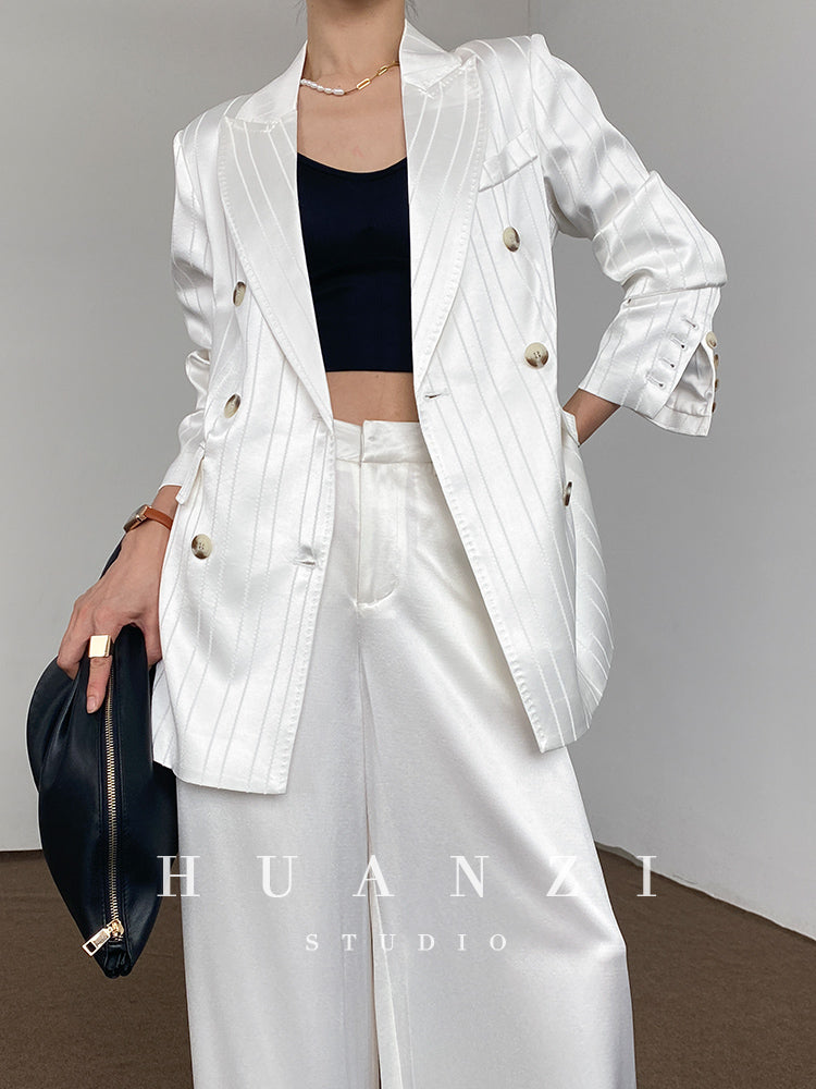 Huanzi high end tri-acetic satin drape high-end suit white silk blazer suit -Bioba