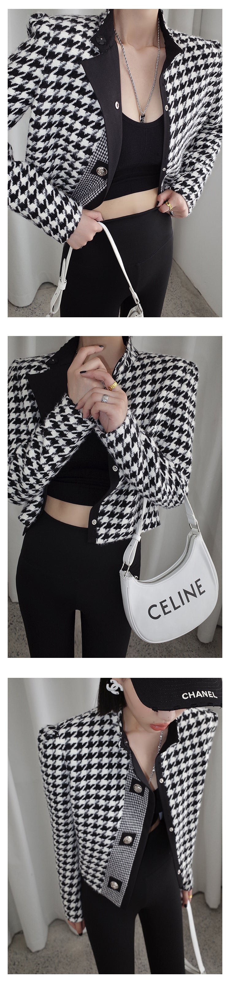 High end stand collar woolen classic houndstooth top coat jacket blazer - Setti