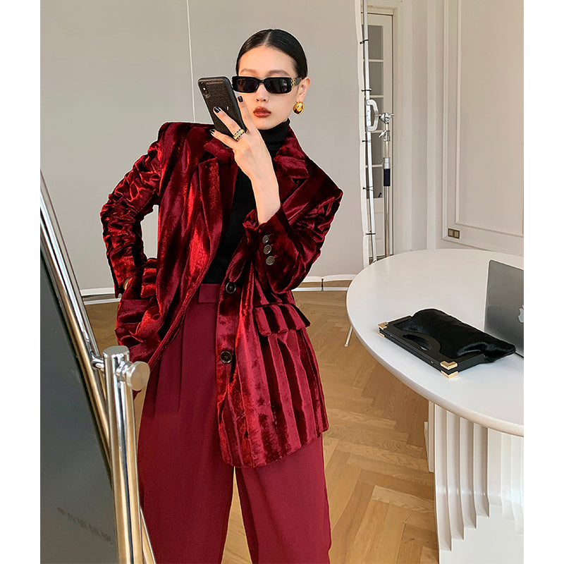 WANXO wine red acetate velvet suit jacket new high-end silhouette coat- Serena