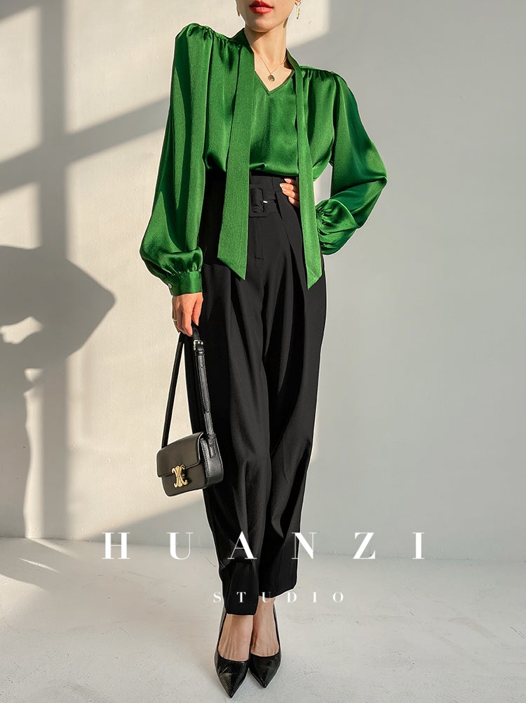 Huanzi new puff sleeves silk satin shirts top blouse - Oitr