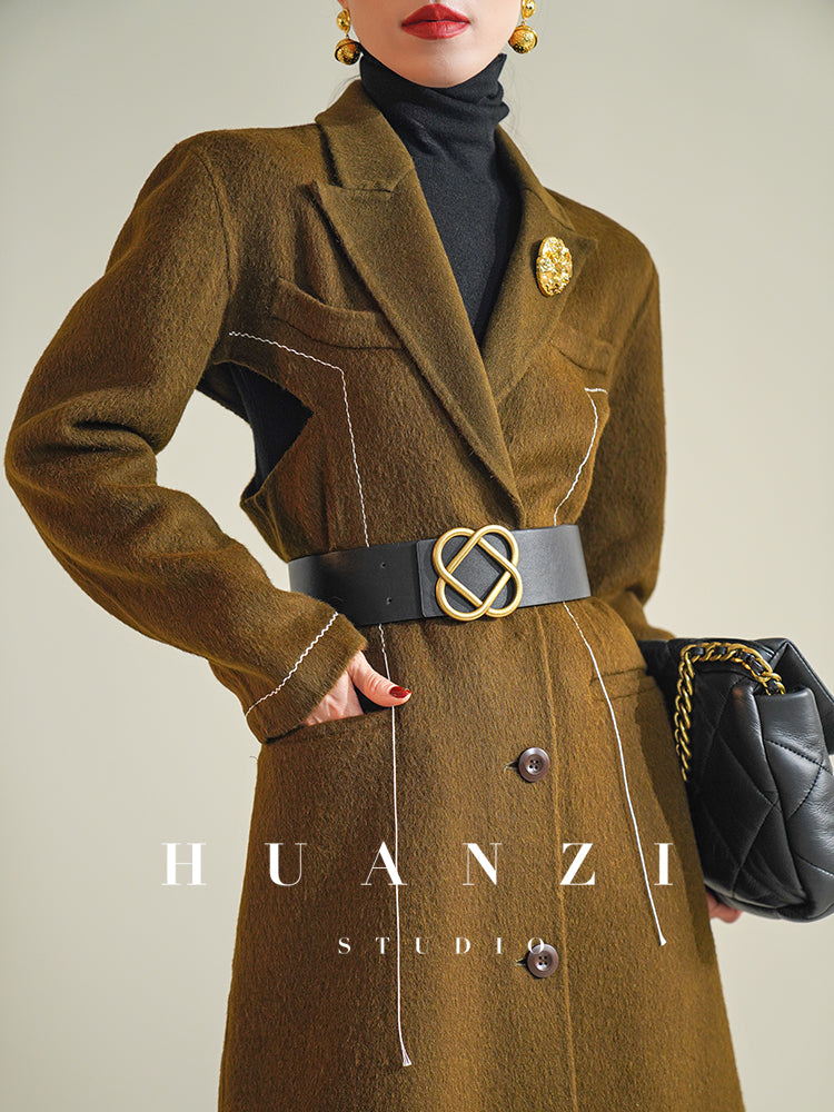 Huanzi new high-end color waist sheep wool double-sided woolen coat- JJ