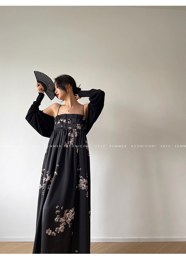 Aconiconi|Luxury French japanese retro print tube top suspender loose dress - Kimiko