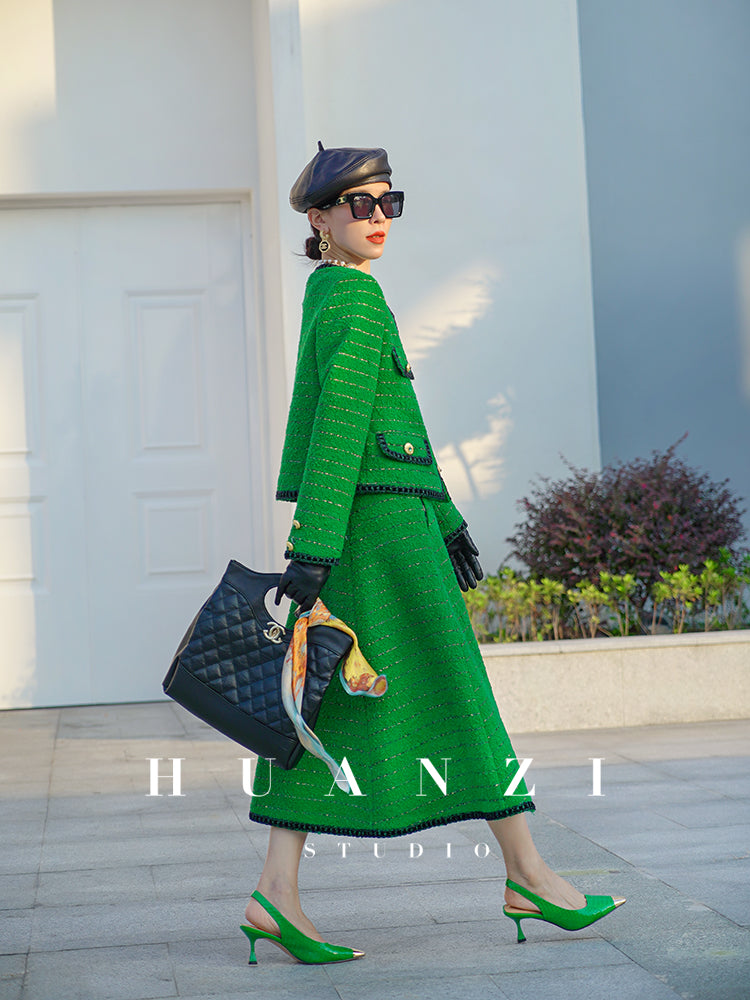 Huanzi tweed wool small suit autumn and winter new green short coat suit set- Lilibeth