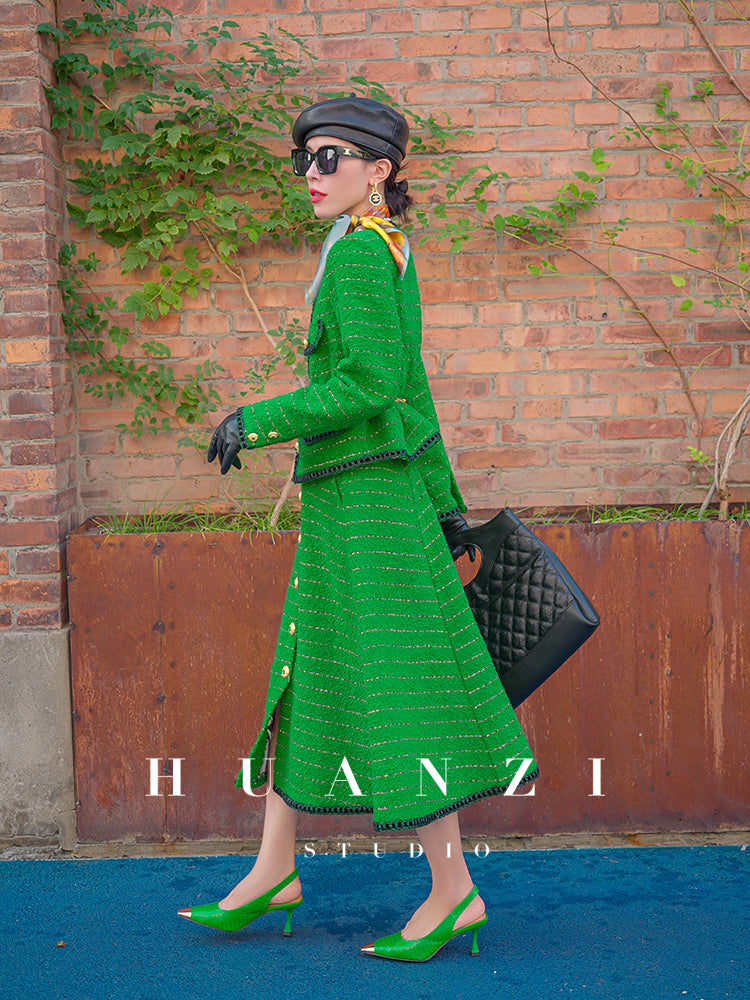 Huanzi tweed wool small suit autumn and winter new green short coat suit set- Lilibeth