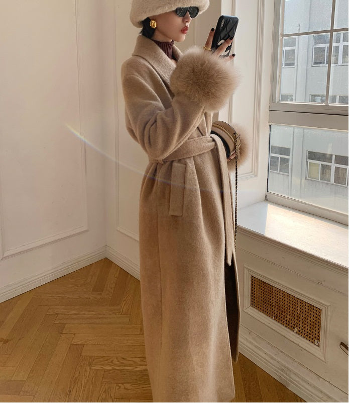 Beige WANXO vegann fur waist tie woolen coat new fashion medium and long woolen coat- Katy