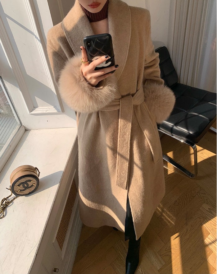 Beige WANXO vegann fur waist tie woolen coat new fashion medium and long woolen coat- Katy