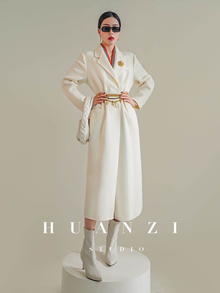 Huanzi high-definition wool pure hand-sewn double-sided woolen mid-length coat- Randy
