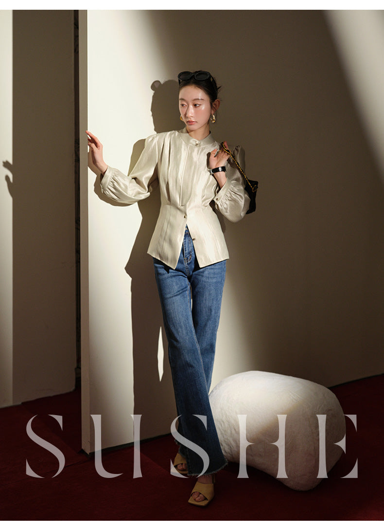 SUSHE Gold Series Retro Spring Women's 2023 Loose Stand Collar Shirt -Star