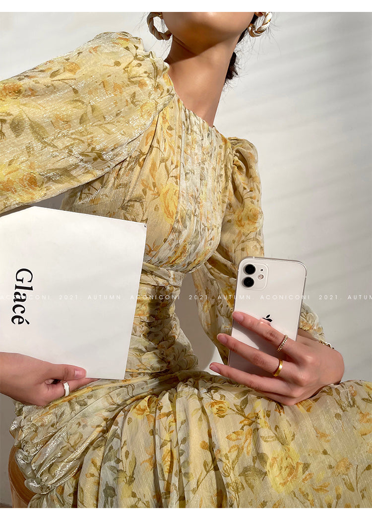 Aconiconi|French floral fishtail midi dress- butter