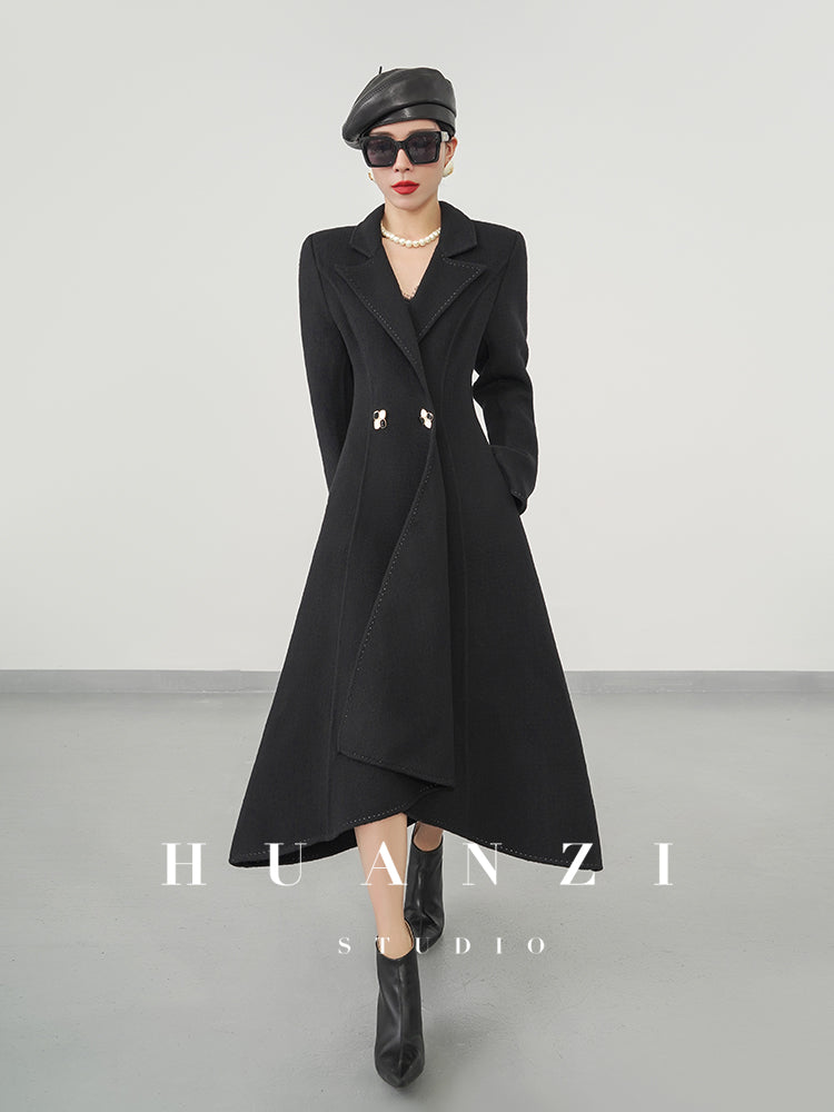 Huanzi custom double-sided cashmere coat women's black woolen coat fishtail slim fit and thin- Baty