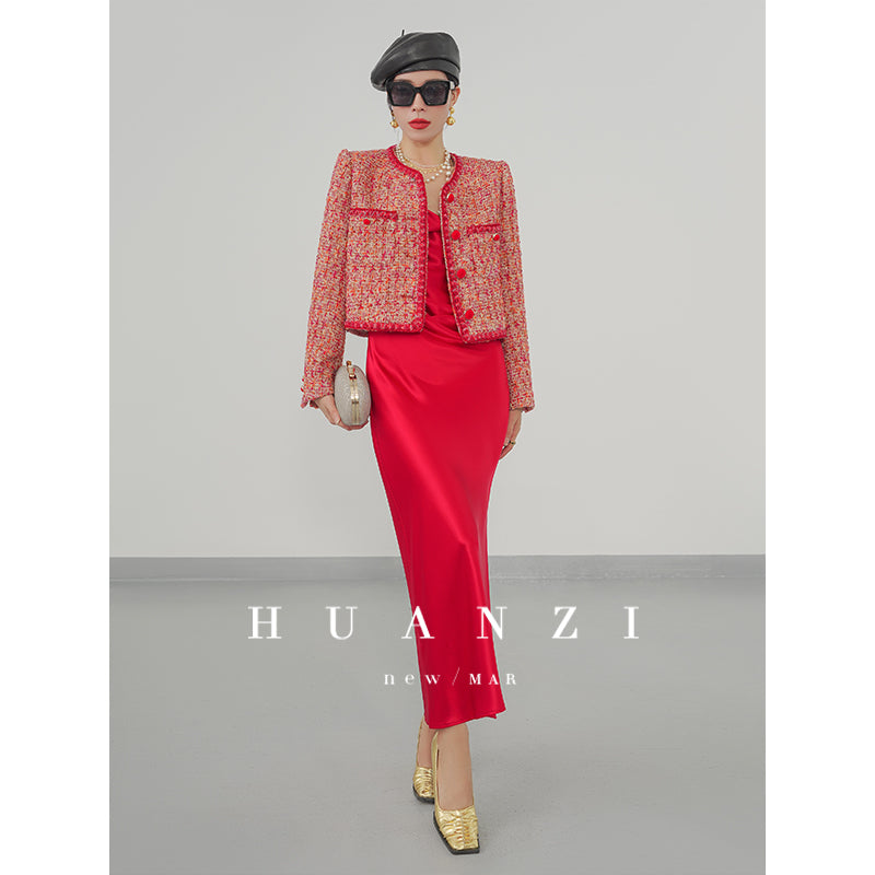 Huanzi custom 2022 autumn and winter new high-definition handmade red tweed temperament lady style small fragrant wind jacket female