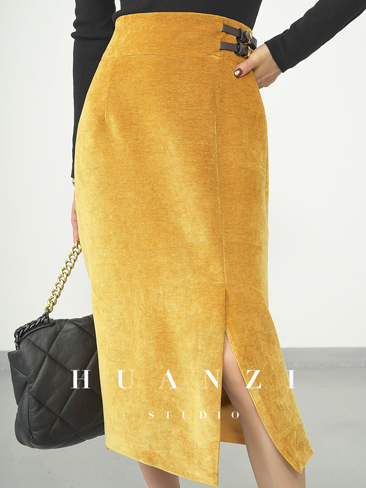 Huanzi new French velvet fashionable high waist slim and small slit skirt female- Elvin