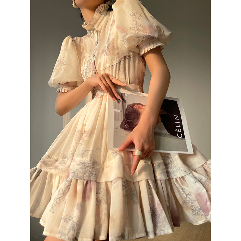 Aconiconi French puff short-sleeved shirt, tank layered printed skirt -  Kono's love letter