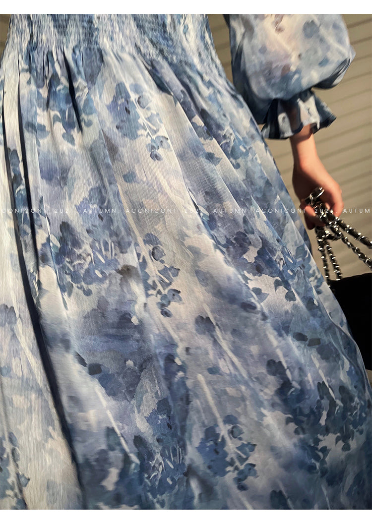 Aconiconi|French elegant blue print spring summer dress - hiju