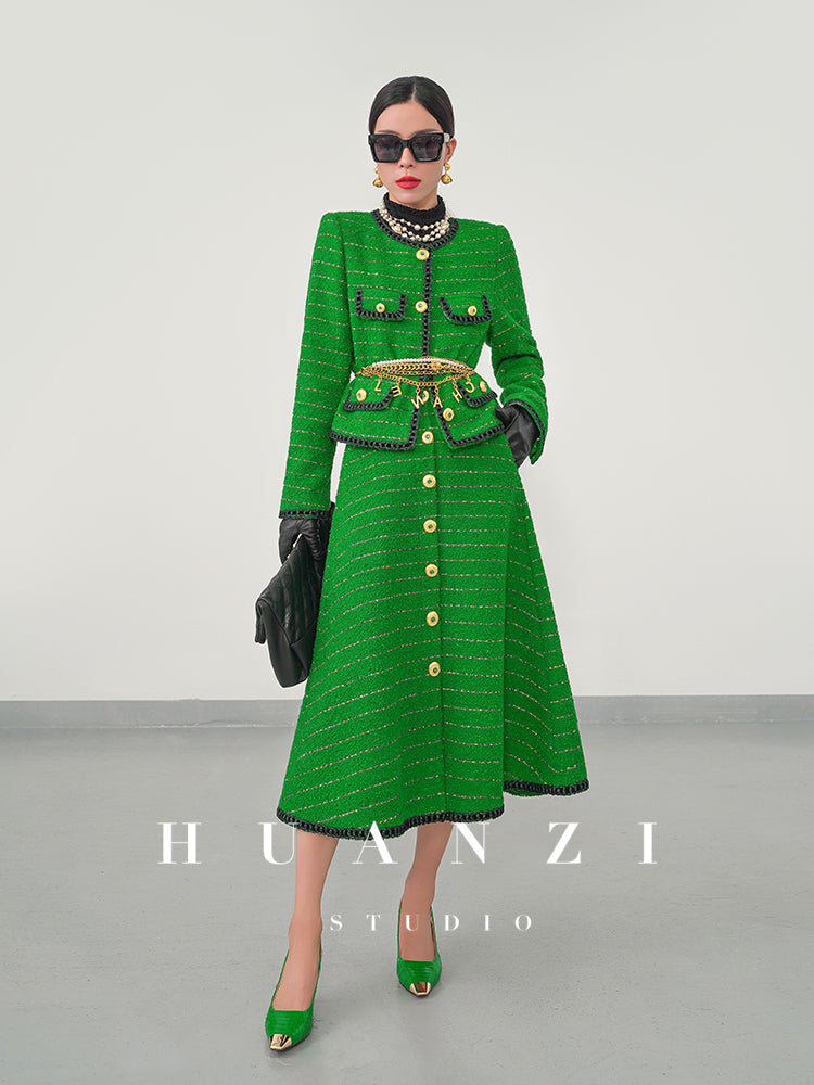 Huanzi tweed wool small suit autumn and winter new green short coat suit set- Lilibeth