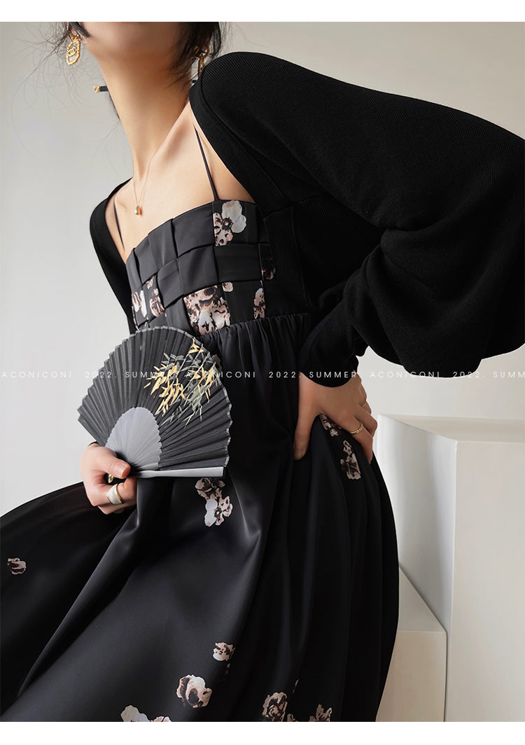 Aconiconi|Luxury French japanese retro print tube top suspender loose dress - Kimiko
