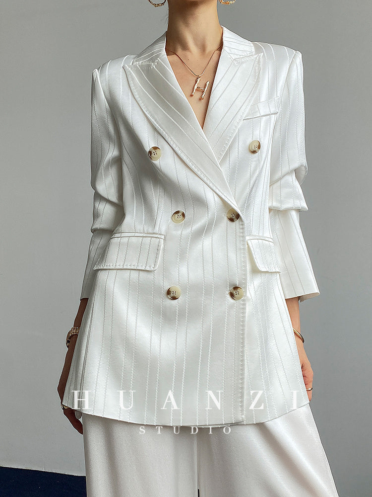 Huanzi high end tri-acetic satin drape high-end suit white silk blazer suit -Bioba