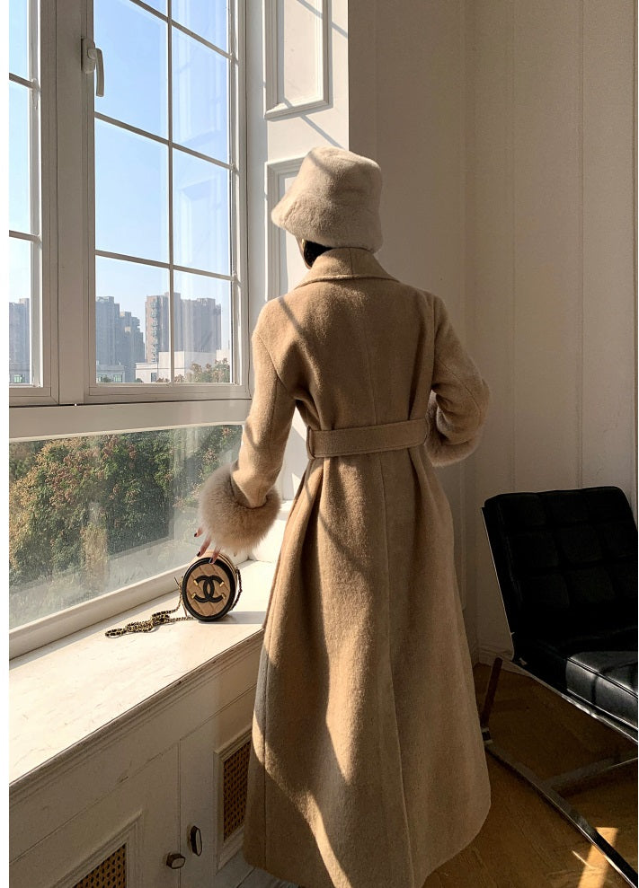 Beige WANXO vegann fur waist tie woolen coat new fashion medium and long woolen coat- Katy