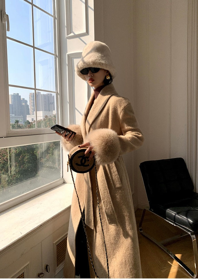 Beige WANXO vegann fur waist tie woolen coat new fashion medium and long woolen coat- Katy