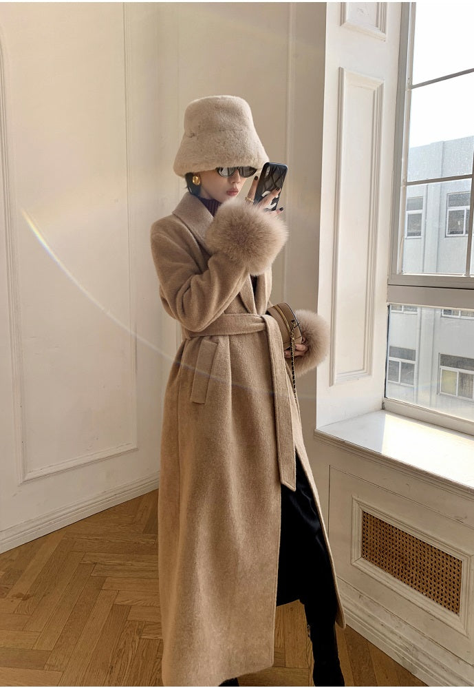 Beige WANXO vegann fur waist tie woolen coat new fashion medium and long woolen coat- Katy
