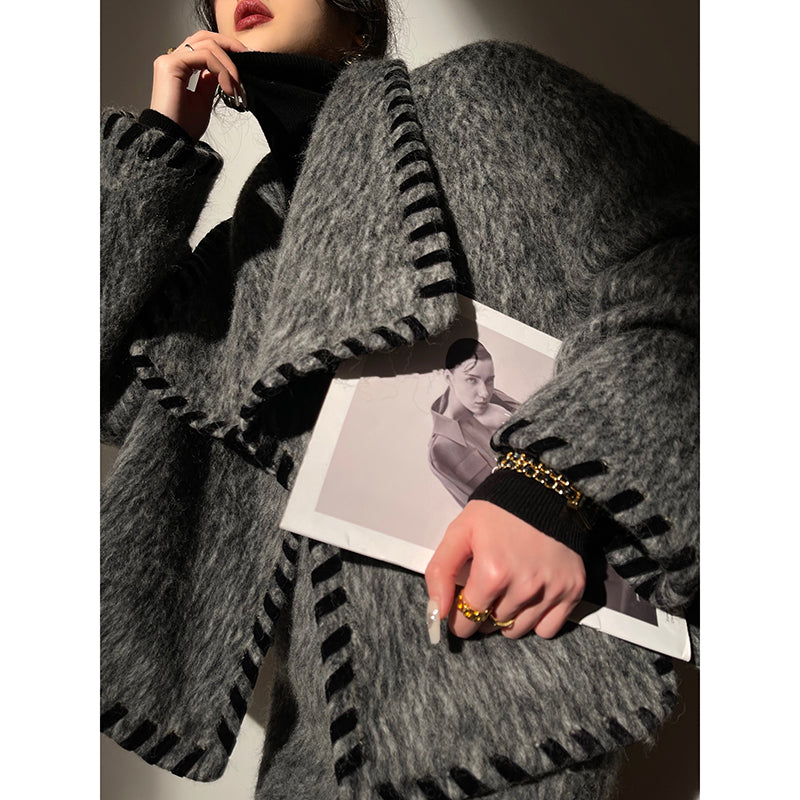 Aconiconi|Gray long hair fall winter wool short coat/skirt - Haizhou