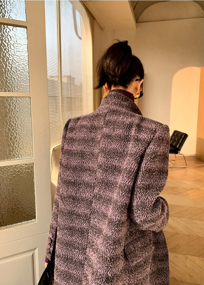 Purple WANXO coffee color herringbone quilted woolen coat new mid-length suit woolen coat- Passion