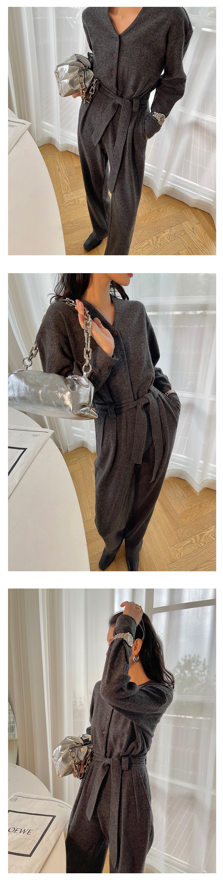 V-neck knitted wool drape wide-leg trouser jumpsuit - Mopai