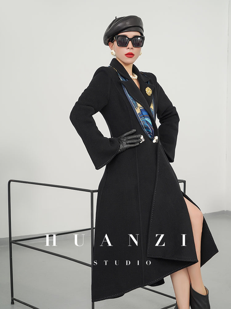 Huanzi custom double-sided cashmere coat women's black woolen coat fishtail slim fit and thin- Baty