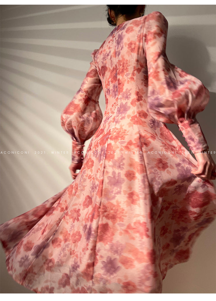 Aconiconi|Romantic French print luxury handmade haute couture beaded v-neck midi dress - Pilore