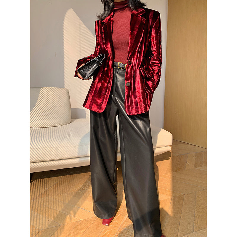 WANXO wine red acetate velvet suit jacket new high-end silhouette coat- Serena