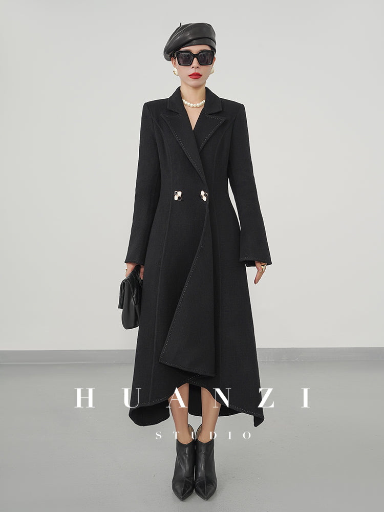 Huanzi custom double-sided cashmere coat women's black woolen coat fishtail slim fit and thin- Baty